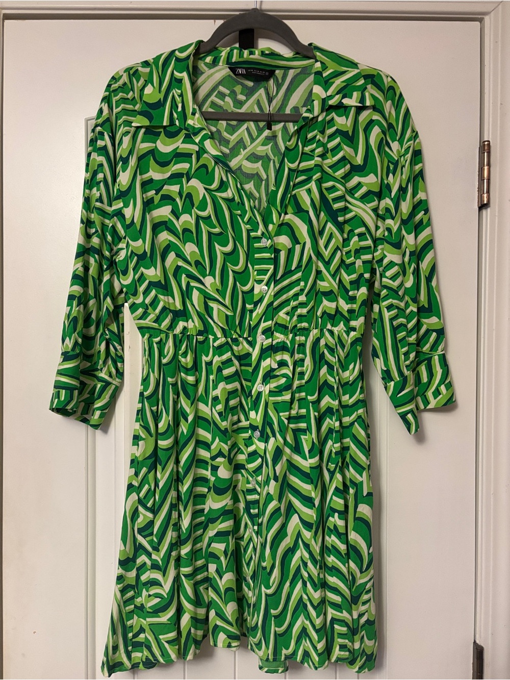 Zara Green Swirl Print Button-Front Dress, Medium